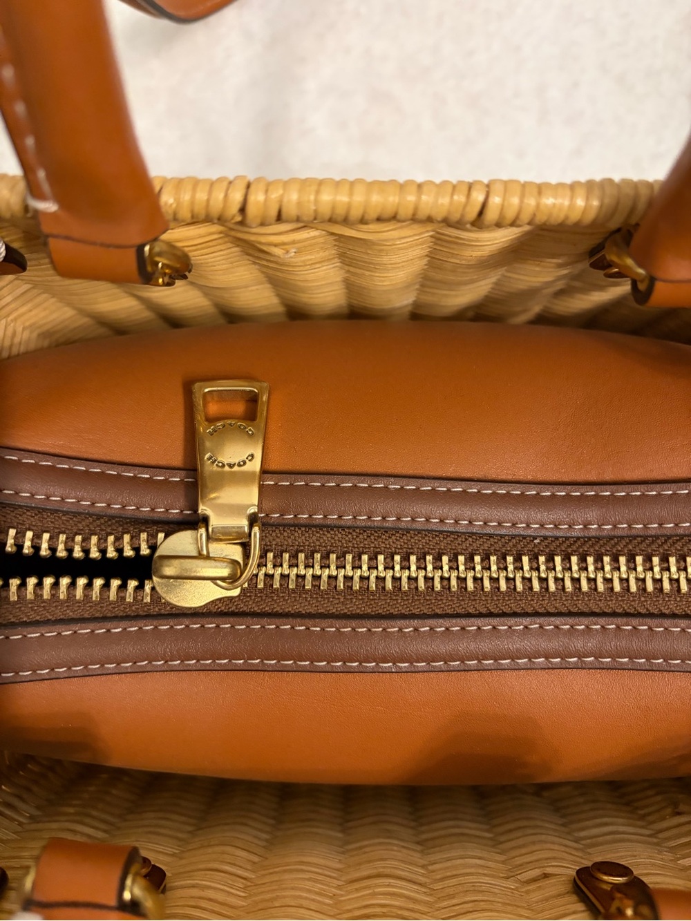 Coach Woven Rattan Tote with Brown Leather Handles and Gold Hardware - Picture 7 of 9
